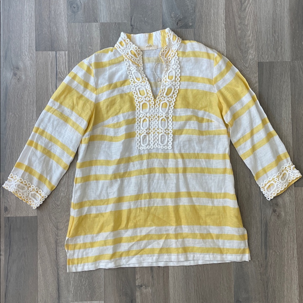 Charter Club Linen Tunic Stripe Top Lace Trim V Neck - NWT- Sz Petite L